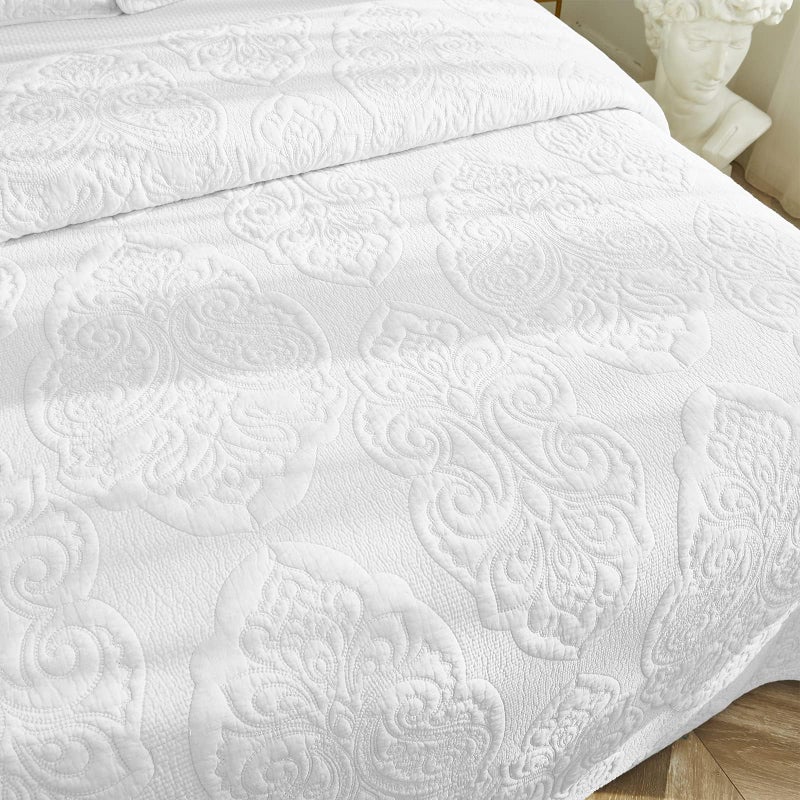 Brandream King Size Quilt Set Cotton White Quilts Vintage Quilted Comforter Set Queen Bedspreads Paisley Matelasse Coverlet Set 3-Piece - Image 4